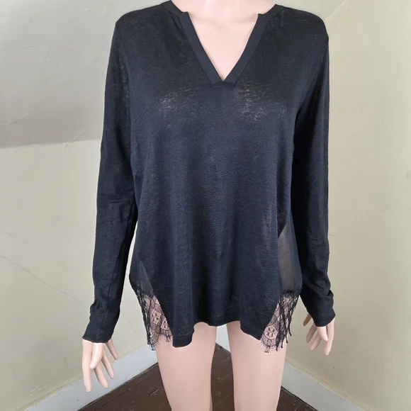 Sandro Paris Black Sheer Lace Hem Blouse Size 1 US S Linen Blend Long Sleeve - Picture 2 of 15
